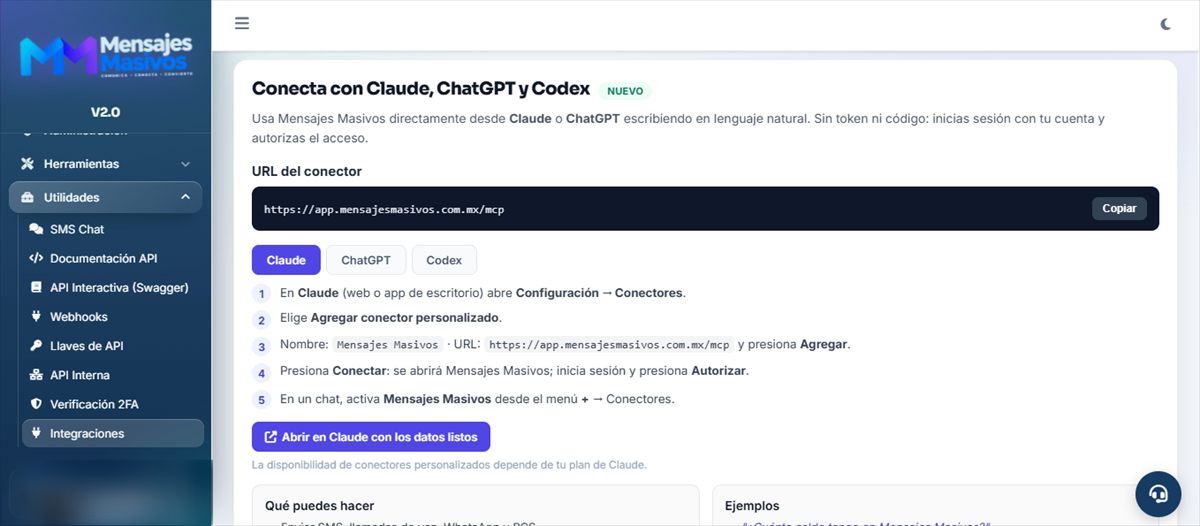 Pantalla de conexión con Claude, ChatGPT y Codex