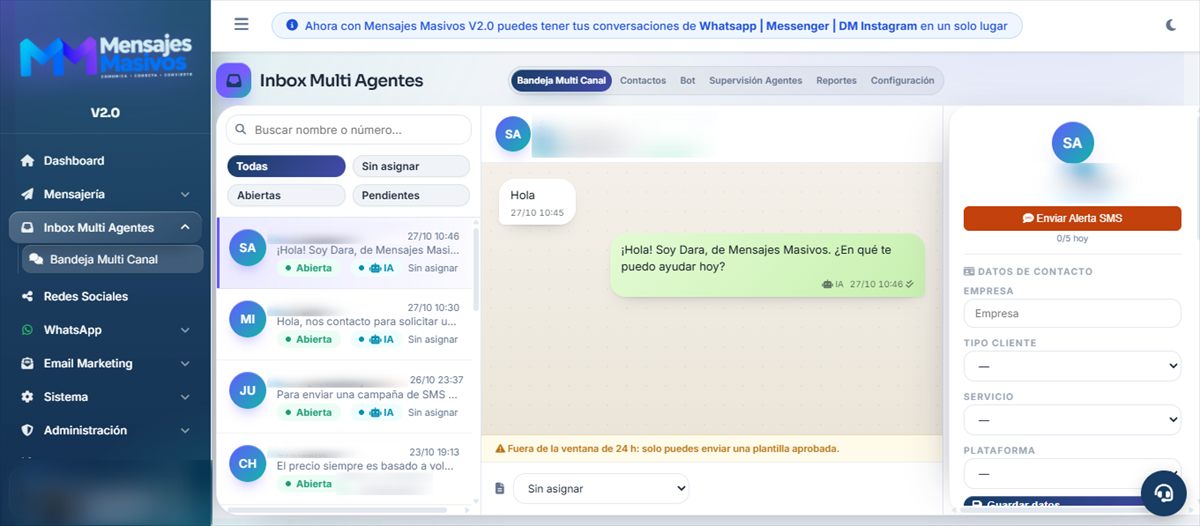 Bandeja multicanal del Inbox con conversaciones atendidas por IA